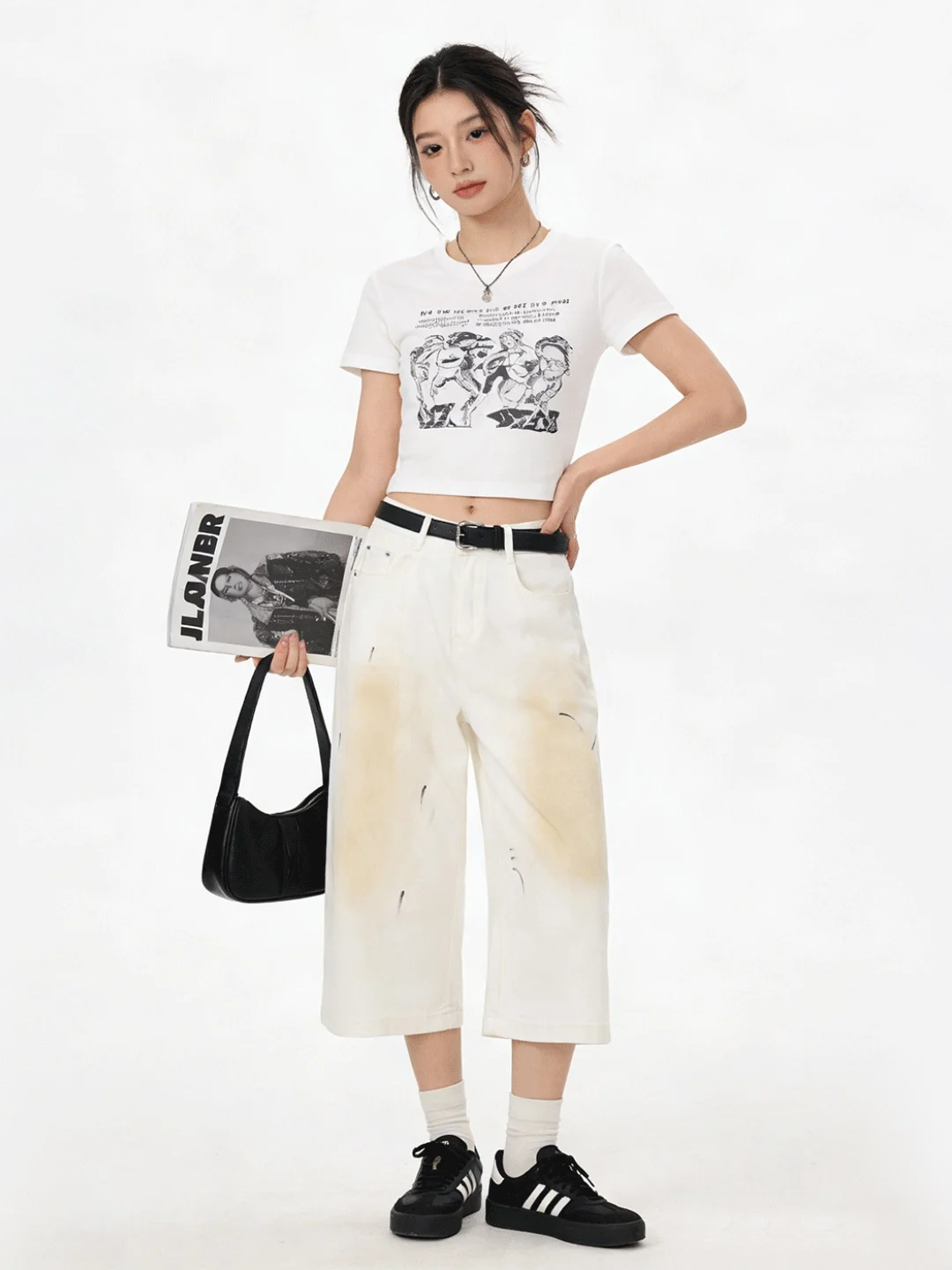 

Модные джинсы с высокой талией свободного кроя, градиентного цвета, универсальные, для ранней весны, для повседневной носки, широкие штанины, 18 дюймов