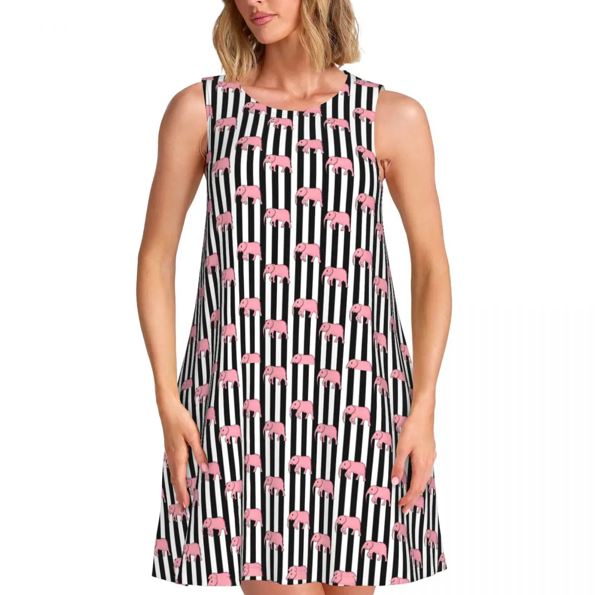 Pink Elephant Dress Black Strips Print Cute Dresses Womens Sleeveless Street Fashion Casual Dress Summer Oversized Clothes