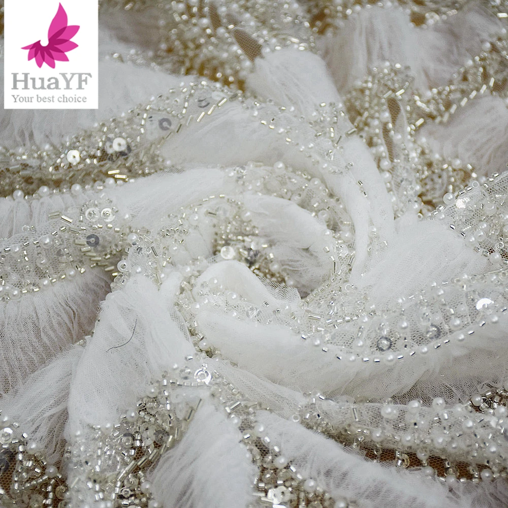 1 Yard Dubai 2024 New Coiling Embroidery Silver-White Sequined Lace with Beads Pearl Lady Clothing fabric HY2732