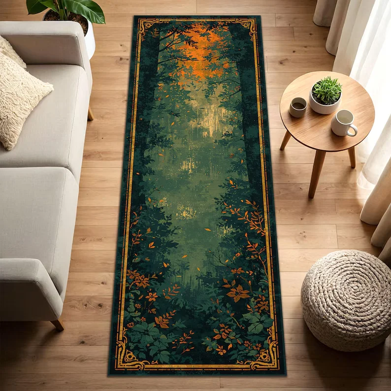 Forest Runner Rug Green Botanical Hallway Runner Nature Path Carpet with Art Deco Border Non Slip Entryway Kitchen Living Room