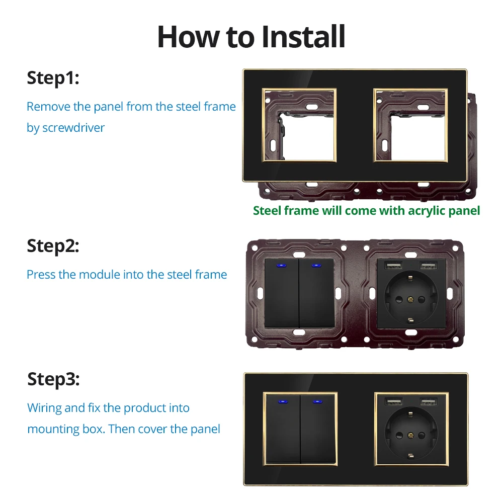 Wallpad Black DIY Module Acrylic Panel With Gold Border Wall Power Socket Electrical Outlet S6 Function Key Free Combination