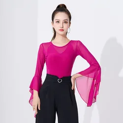 2024 New Spring Autumn Long Sleeve Adult Women International Ballroom Costume Modern Latin Dance Top Lady Sexy Dancewear T-shirt