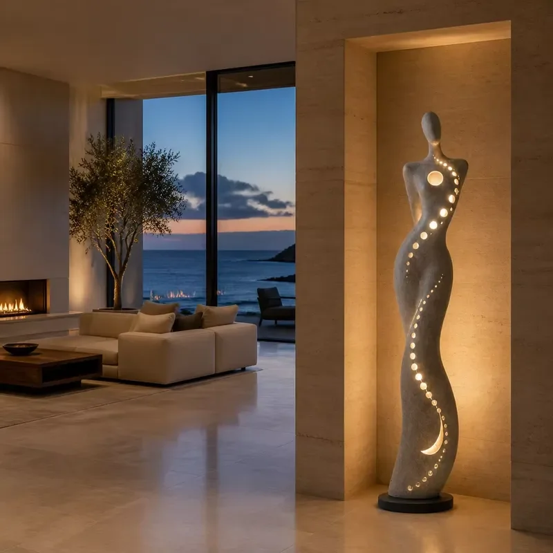 Modern Abstract Female Figure Sculpture Glass Fiber Resin Statue with LED Light for Home Living Room Art Gallery Interior
