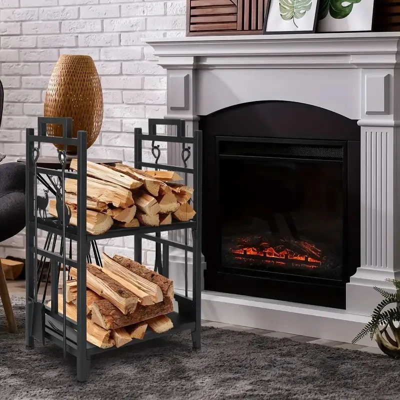 Factory custom source American retro metal wood storage and finishing rack Elk shape double-layer wrought iron firewood rack