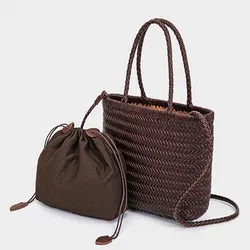 2026 spring new braid bag French basket bag Vintage Boho Gypsy Aztec Ibiza Genuine Leather Messenger Bag  female ins style