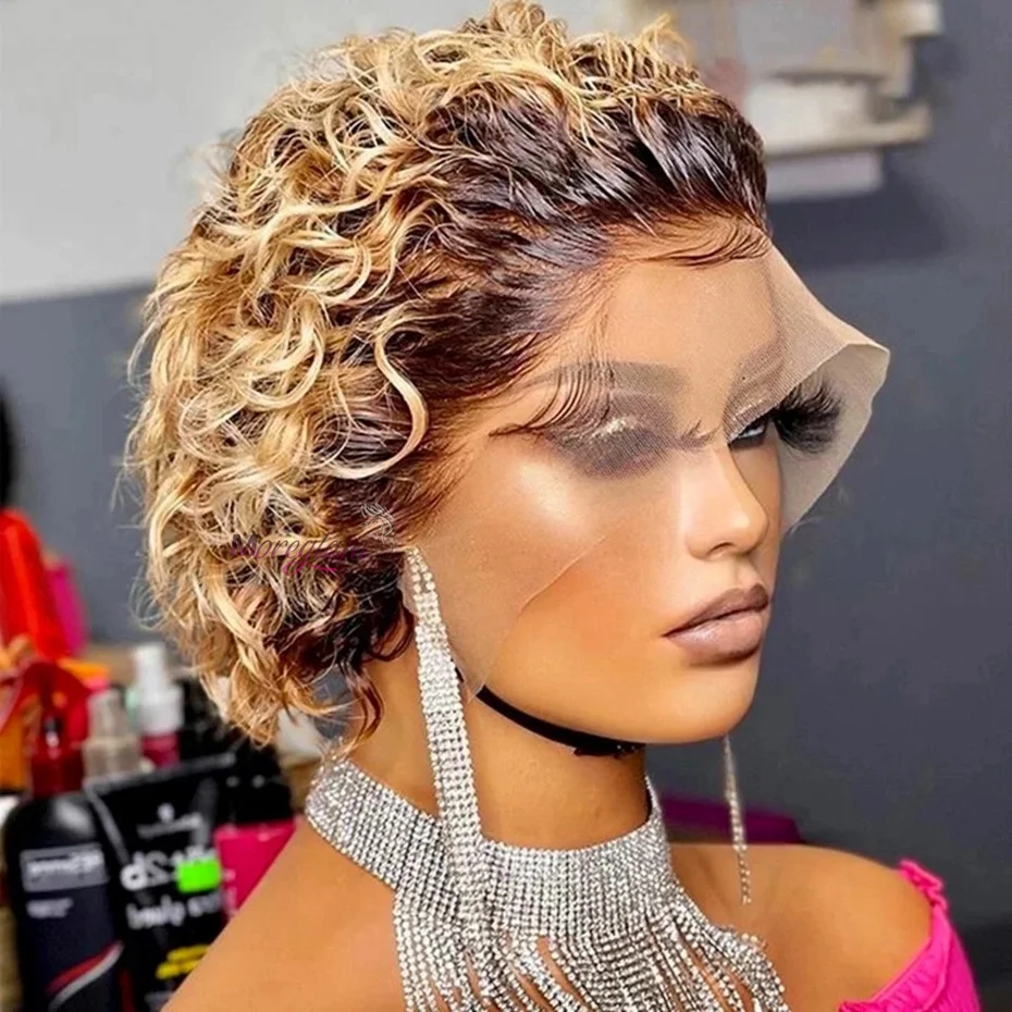 

Pixie Cut Lace Wig Ombre Brown Red Short Kinky Curly Human Hair Wigs For Women Cheap Water Wave Lace Pixie Cut Wig Human Hair