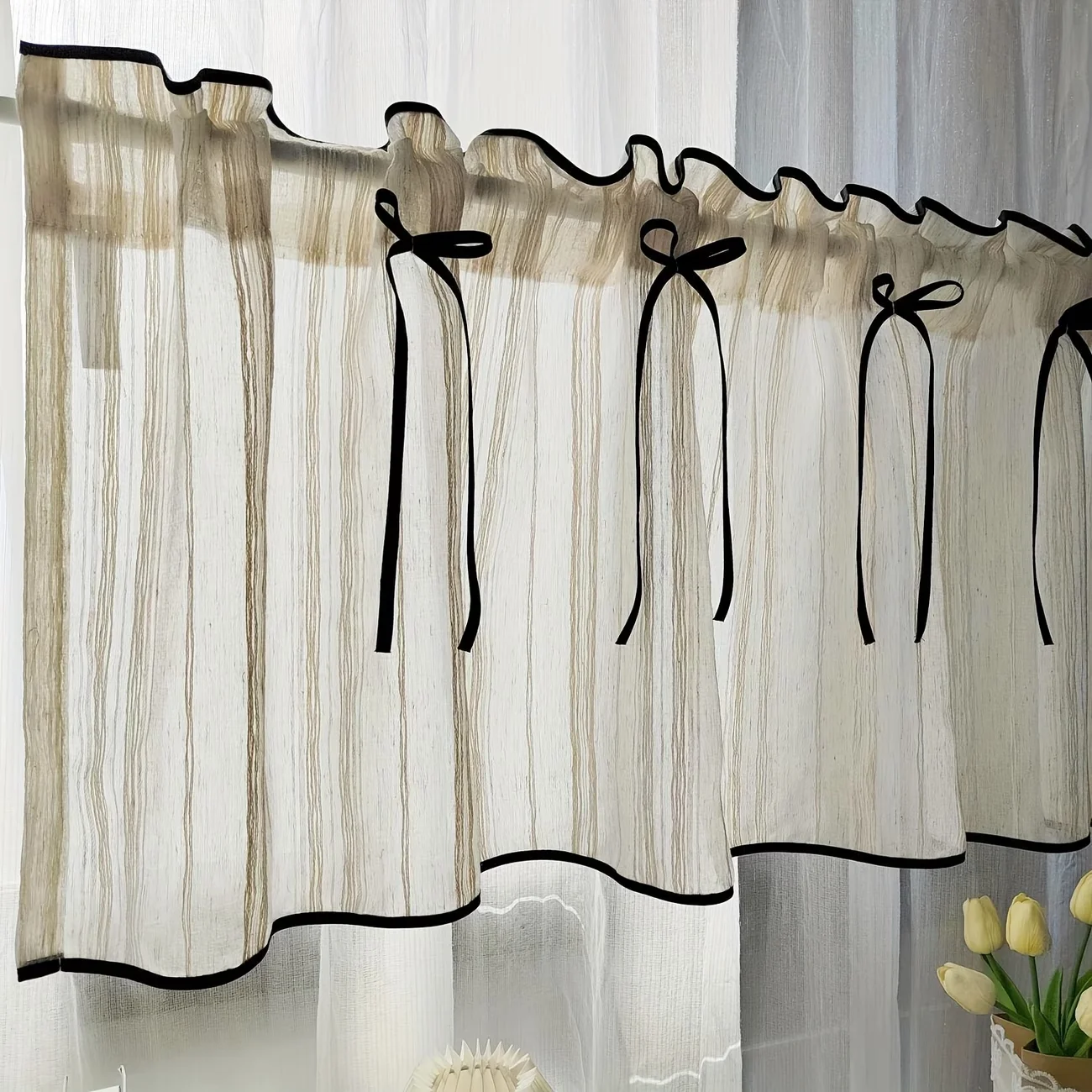 1PC Vintage Japanese Striped Faux Linen Cafe Curtain with Bowknot Short Valance, Decor for Kitchen Cabinet Living Room Farmhouse