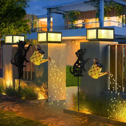 1 Outdoor Solar Cat/Dog Silhouette Watering Can Light - Hanging Solar Garden Decor for Lawn, Backyard, Pathway, and Patio
