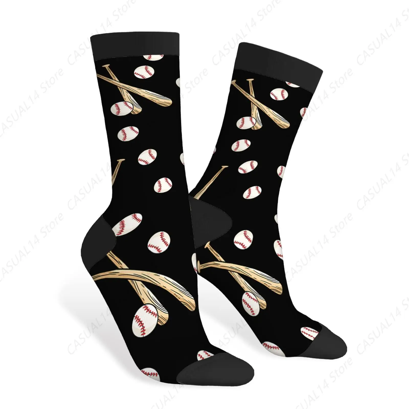 

Baseball Bat and Ball Funny Socks Leather Ball Wooden Bat Softball Stitches Novelty Casual Crew Socks Contrast Color Design
