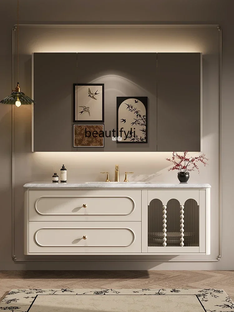 YH   Oak Bathroom Cabinet Whole Washbin Washstand French Retro Bathroom Wash Wash Basin Cabinet Combination Luxury Stone