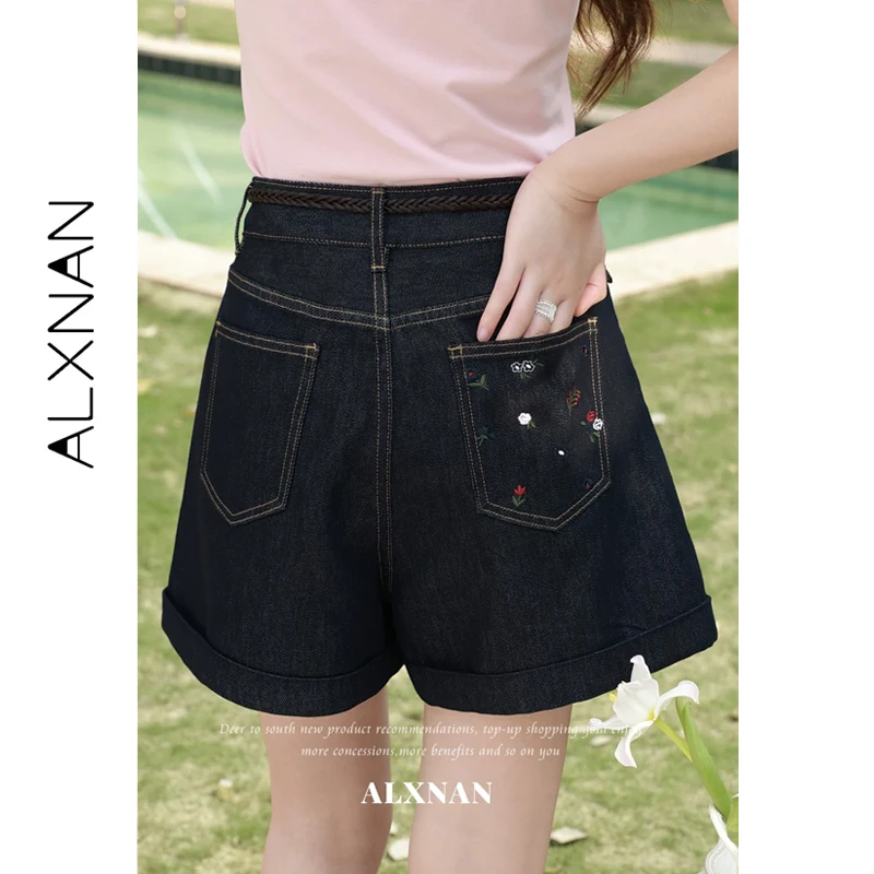 

ALXNAN Dark Blue Denim Short Jeans Floral Embroidery Elegant Baggy Shorts Summer Wide-leg Loose-fit Female Short Pants L63621