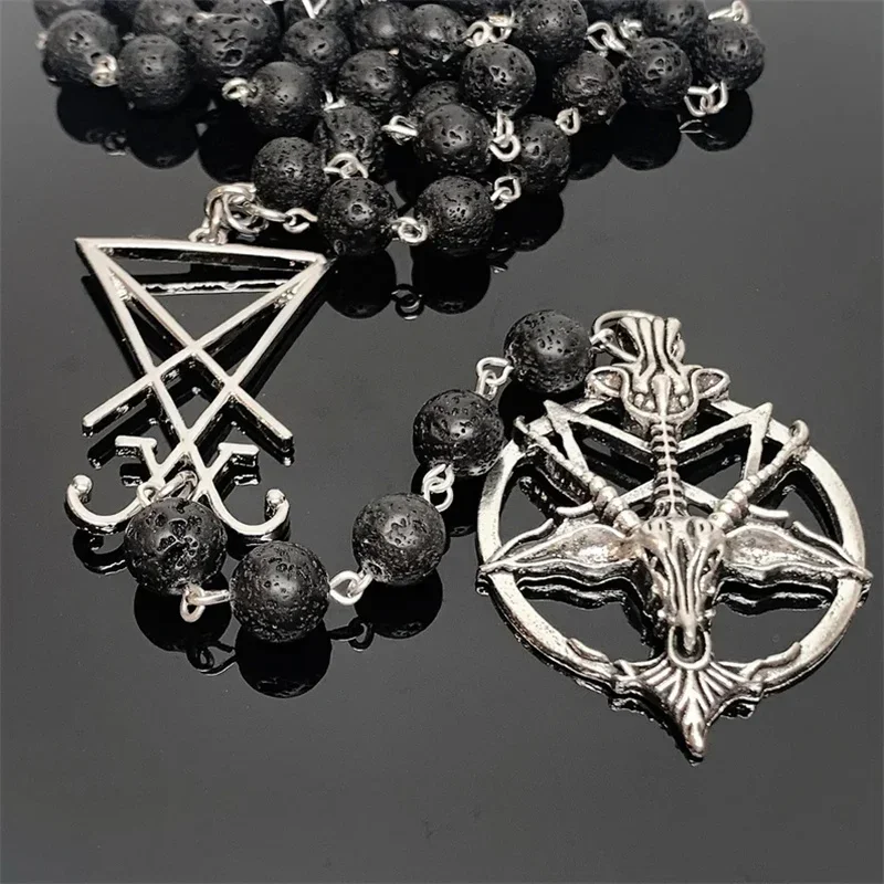 Black Lava Bead Satanic Rosary with Silver Color Toned Baphomet Pentagram and Lucifer Sigil - Satanic Prayer Beads