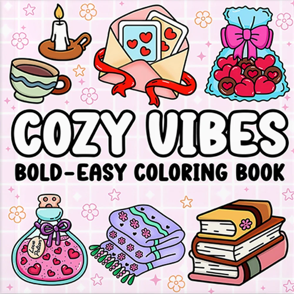 كتاب تلوين أنماط جريء وسهل من COZY VIBES للبالغين، كتاب رسم لطيف، هدية مثالية للحفلات وأعياد الميلاد