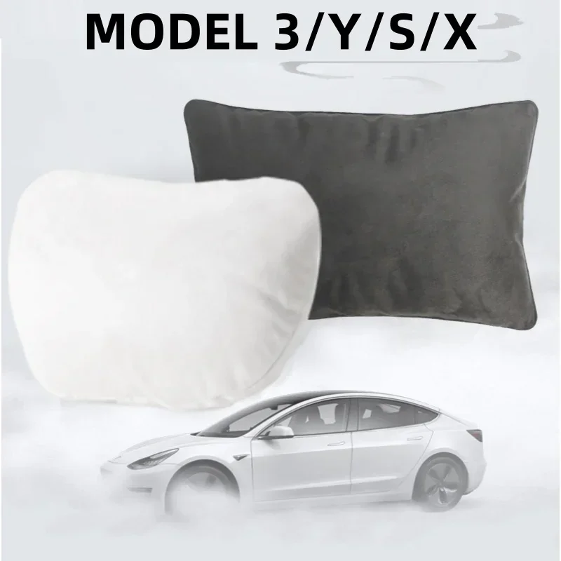 Suede Car Headrest Neck Pillow Waist Support Cushion Fit Model 3 Y S X Soft Comfort Reduce Fatigue Car Interior Seat Accessories