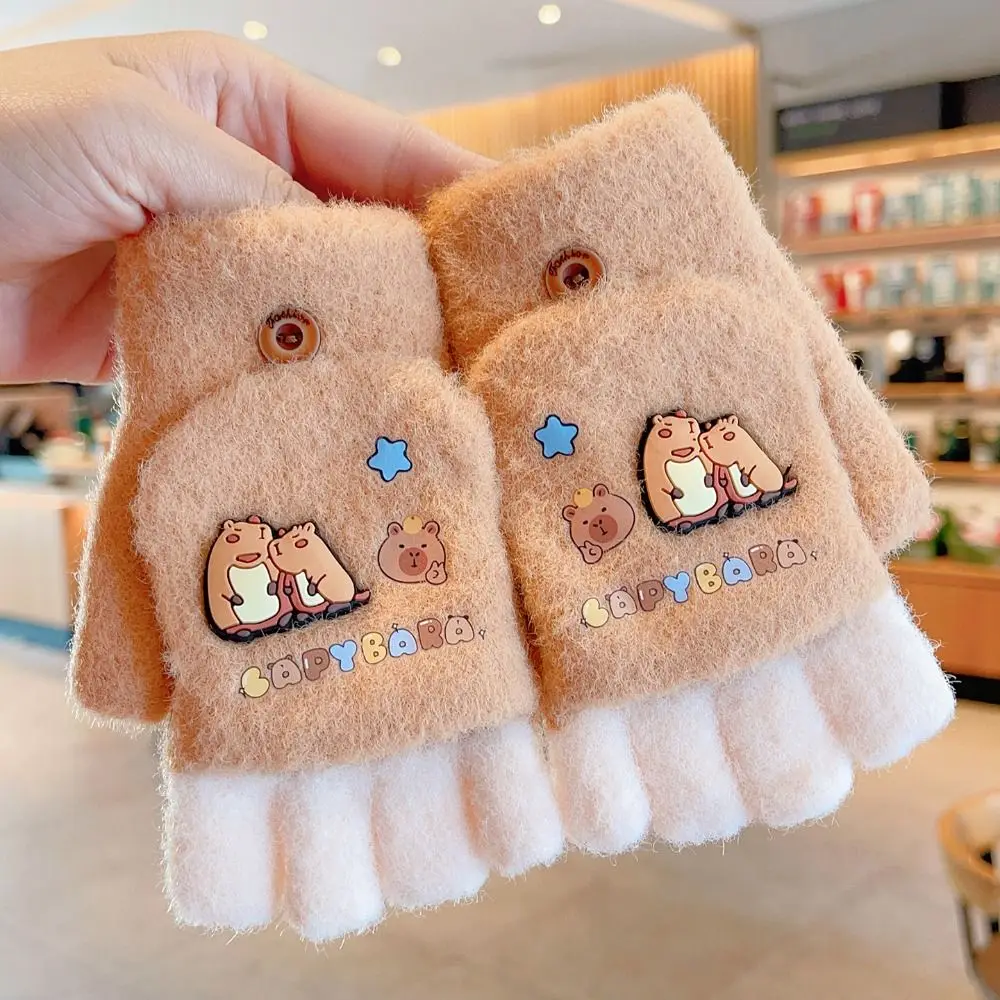 Nouveau 5-12 ans Capybara hiver gants à rabat épaissi élastique demi doigt gants chaud résistant au froid enfants tricoté mitaine en plein air