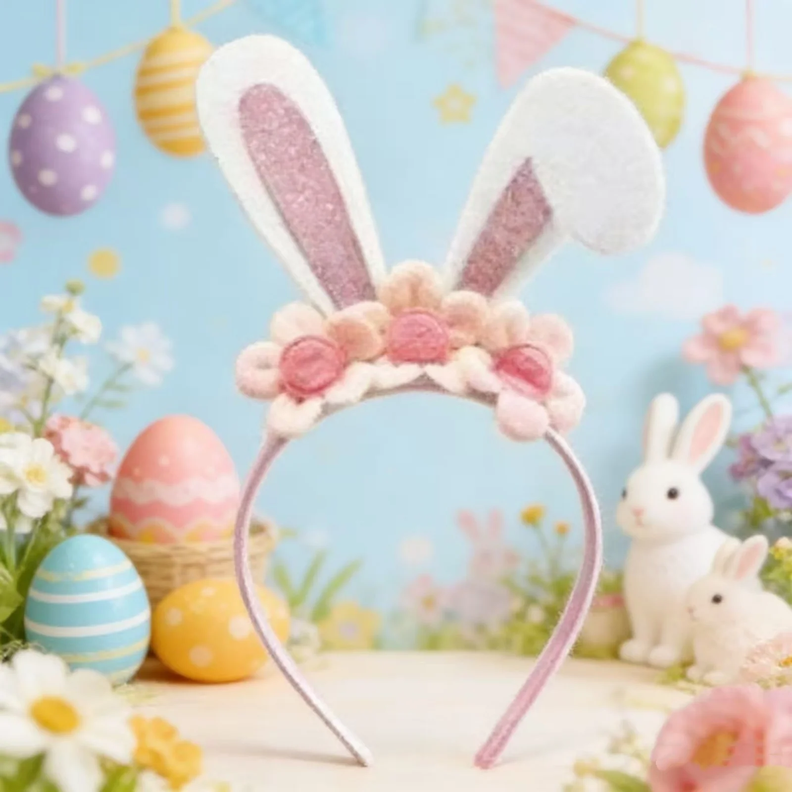 1PC Easter Bunny Ear Headband For Women Sparkling Glitter Rabbit Ear Hair Hoop With Flower Decor Cute Easter Hair Accessory view 3
