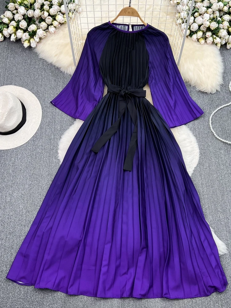 夏らしいヴィンテージ風スリムフィットAラインミディ丈ワンピース レディース ラウンドネック 七分袖 ツートンカラー プリーツワンピース 韓国風