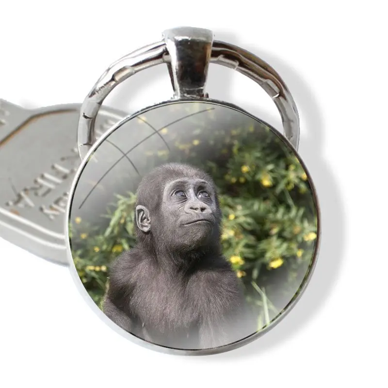 Monkey Gorilla Ape Baby Keychain Handmade Glass Cabochon Key Ring Holder Pendant Key Chains