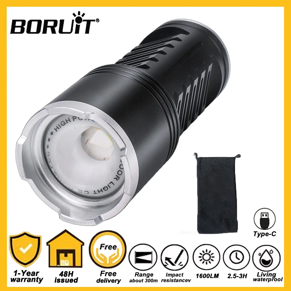 

BORUiT 30 Вт мощный светодиодный фонарик 1600LM USB перезаряжаемый зум-фонарик 1000 м лампа дальнего действия со встроенной батареей для кемпинга