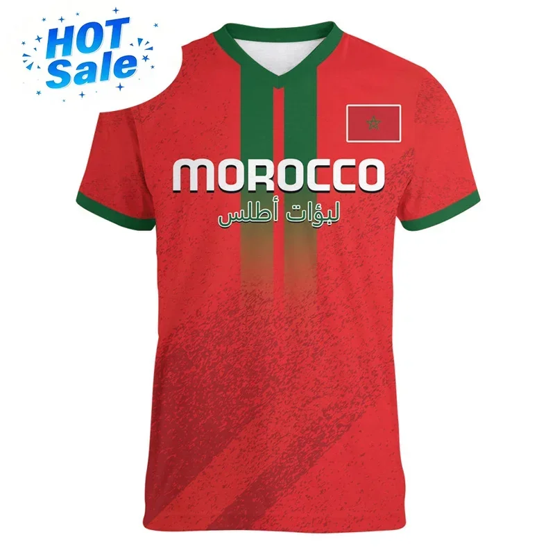 Morocco Football T Shirt For Men Cool 3d Printed Moroccan Sports V Neck T-shirt Tops Short Sleeve Summer Soccer Tee Shirts