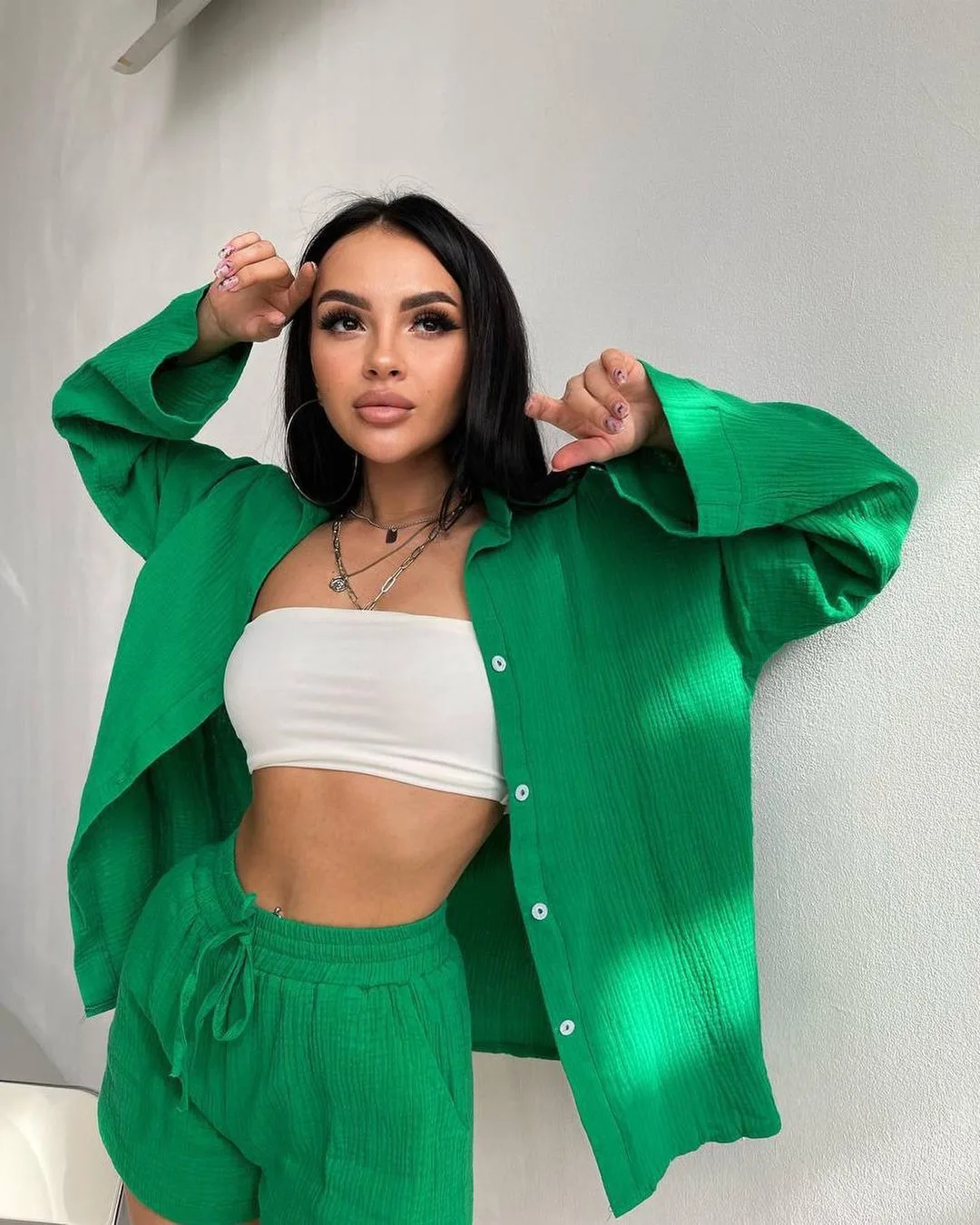 

Пригородная рубашка с длинным рукавом и шорты, женский костюм, новинка 2025 года, женский костюм, комплект из двух предметов