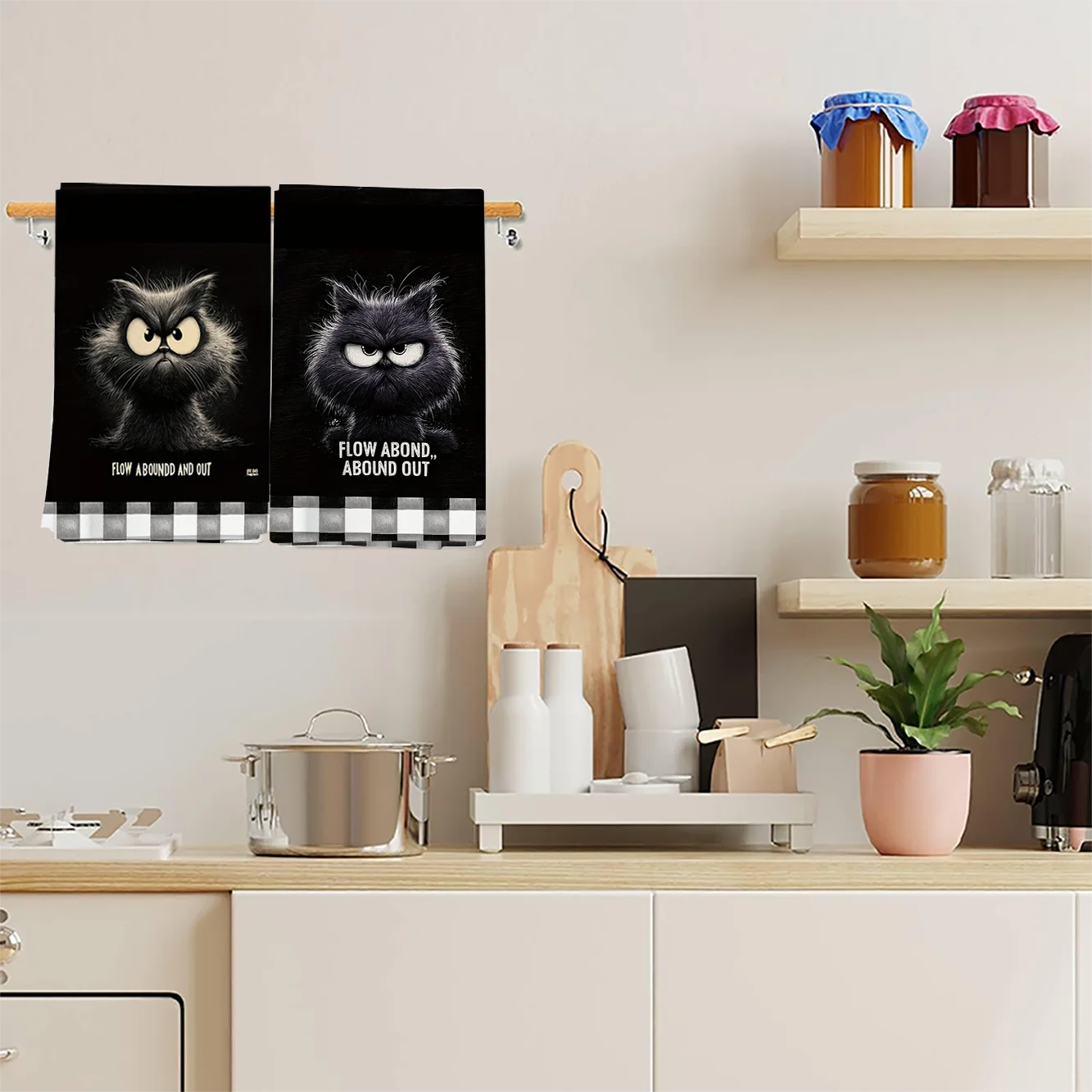 2Pcs, Grumpy Black Cat Kitchen Towels, 40Cm*60Cm Towel Set, Super Absorbent Soft Cleaning Cloth, Cooking and Baking Tea Towel, Hand Towel, Cleaning Cloth, Dishcloth, Kitchen Decoration, Living Room Decoration, Kitchen Essentials, Home Essentials