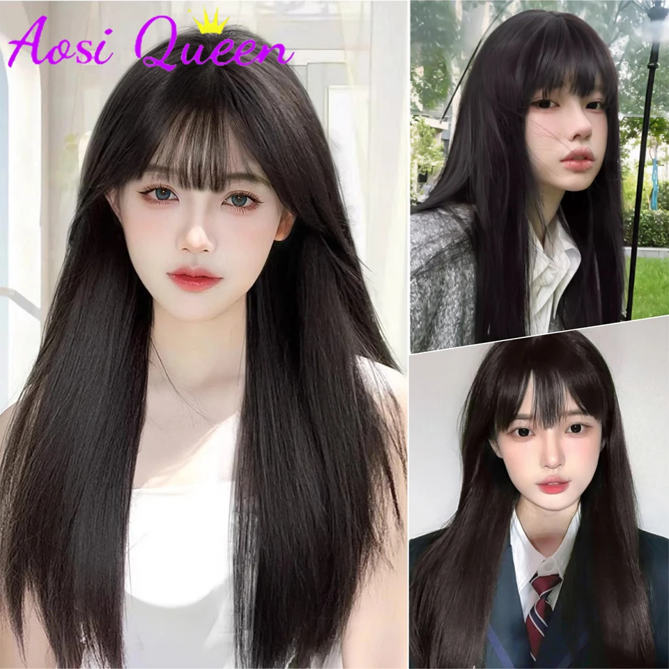 AOSI Synthetic Wig Female Air Bangs Long Hair Lolita Long Straight Hair COS Daily Heat-resistant Chemical Fiber Wig