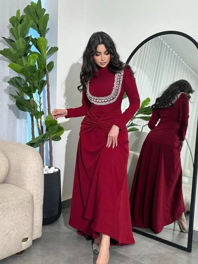 

Customized A-line Evening Dresses Floor-length High-neck Full Sleeve Prom Gown Fashion Crystal Simple Draped Casual Party Gown