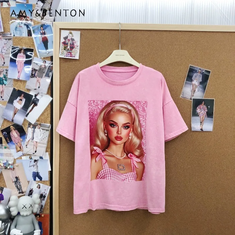 

American Style Fashion High Street Character Print Tees Trendy Versatile Pure Cotton Short Sleeved T-shirts Women's Y2k Clothes