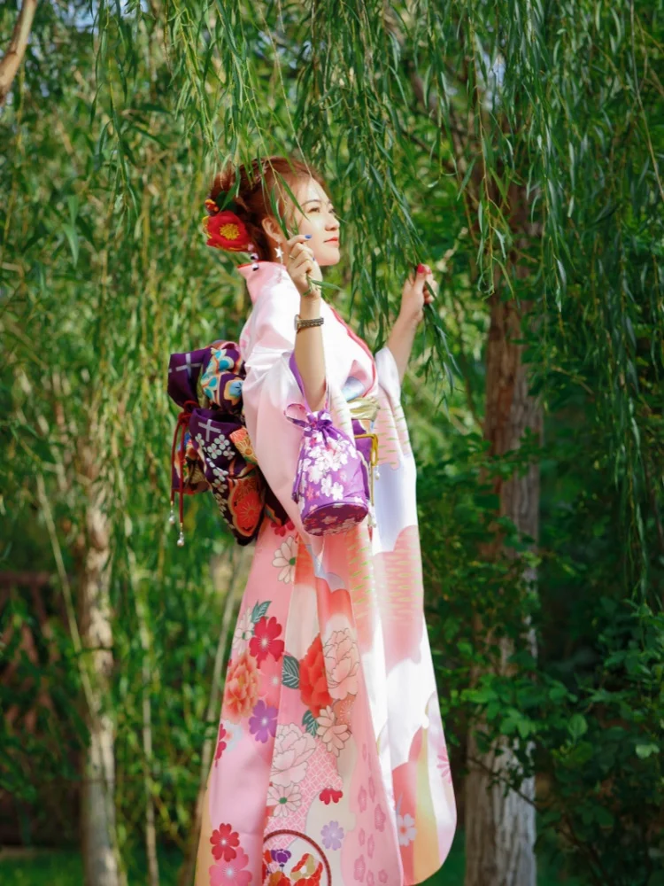 Women's Japanese Traditional Furisode Kimono Floral Prints Formal Yukata Stage Performance Long Dress Cos Costume