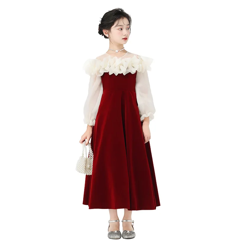 Children Formal Gown Wedding Photograph Wear Kids Evening Party Dress Skirt  2025 Girls Wine Red Lace Elegant Dresses Princess
