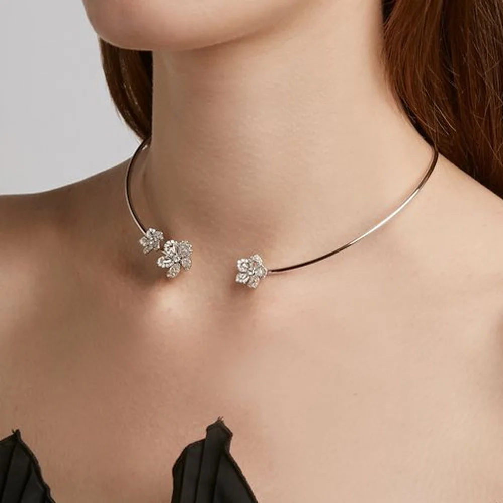 Stonefans Fashion Crystal Flower Collar Necklace Jewelry for Women Simple Metal Open Choker Torques Jewelry Accessories Gift