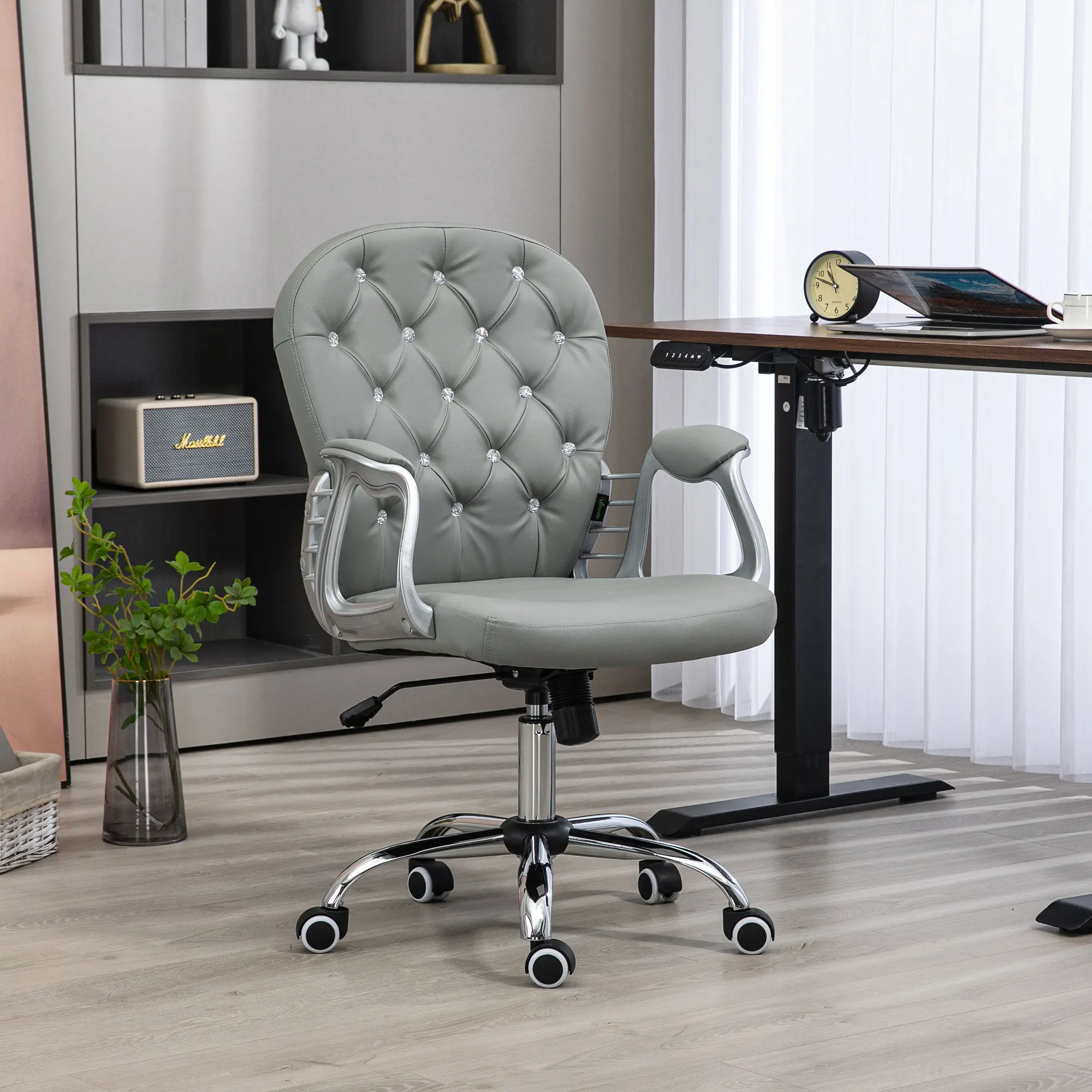 Vinsetto Pu Leather Home Officehair, Button Tufted Desk Chair with Padded Armrests, Adjustable Height and Swivel Wheels, Gray