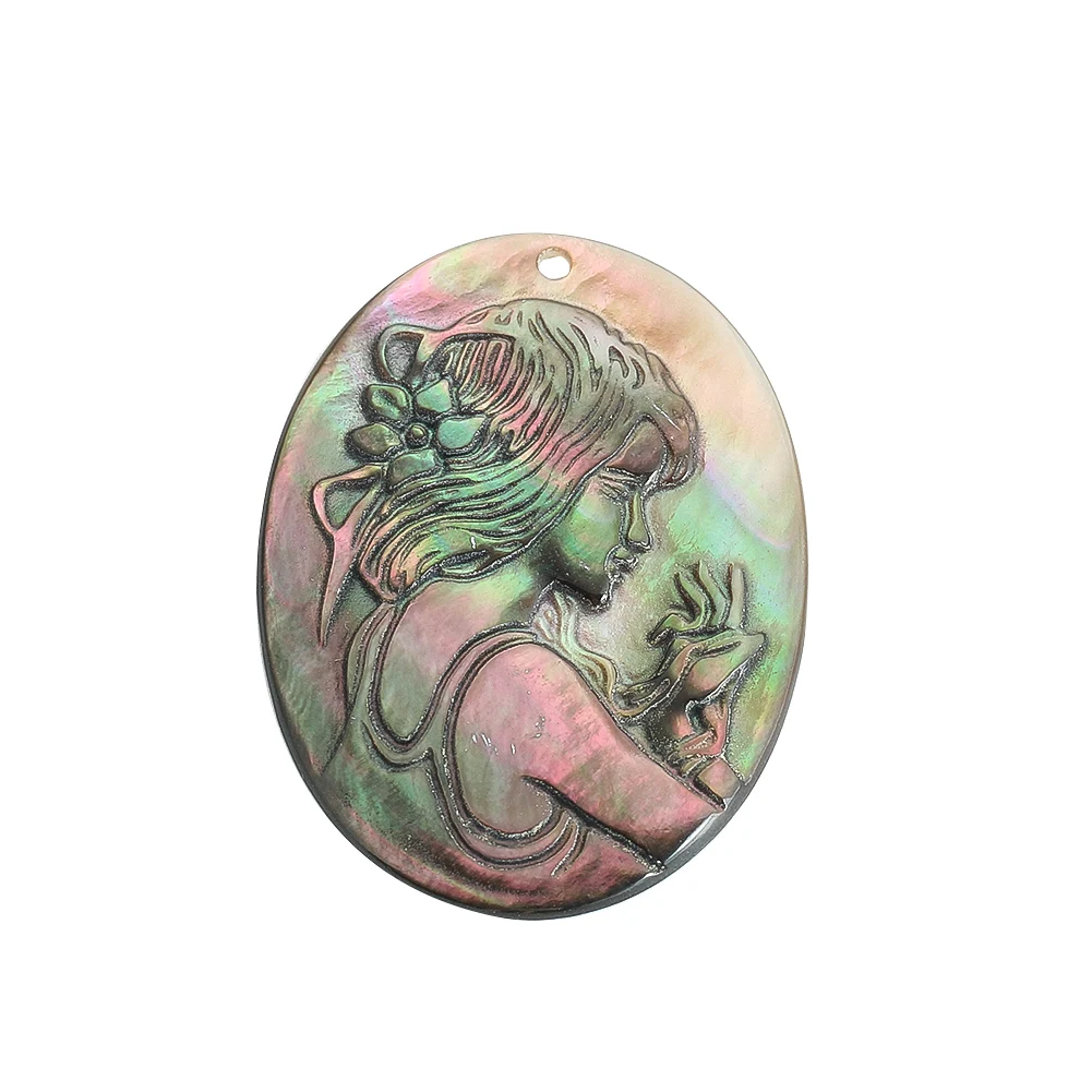 Natural Shell Embossed Beauty Girl Pendant Black Mother of Pearl Charms for DIY Jewelry Accessories