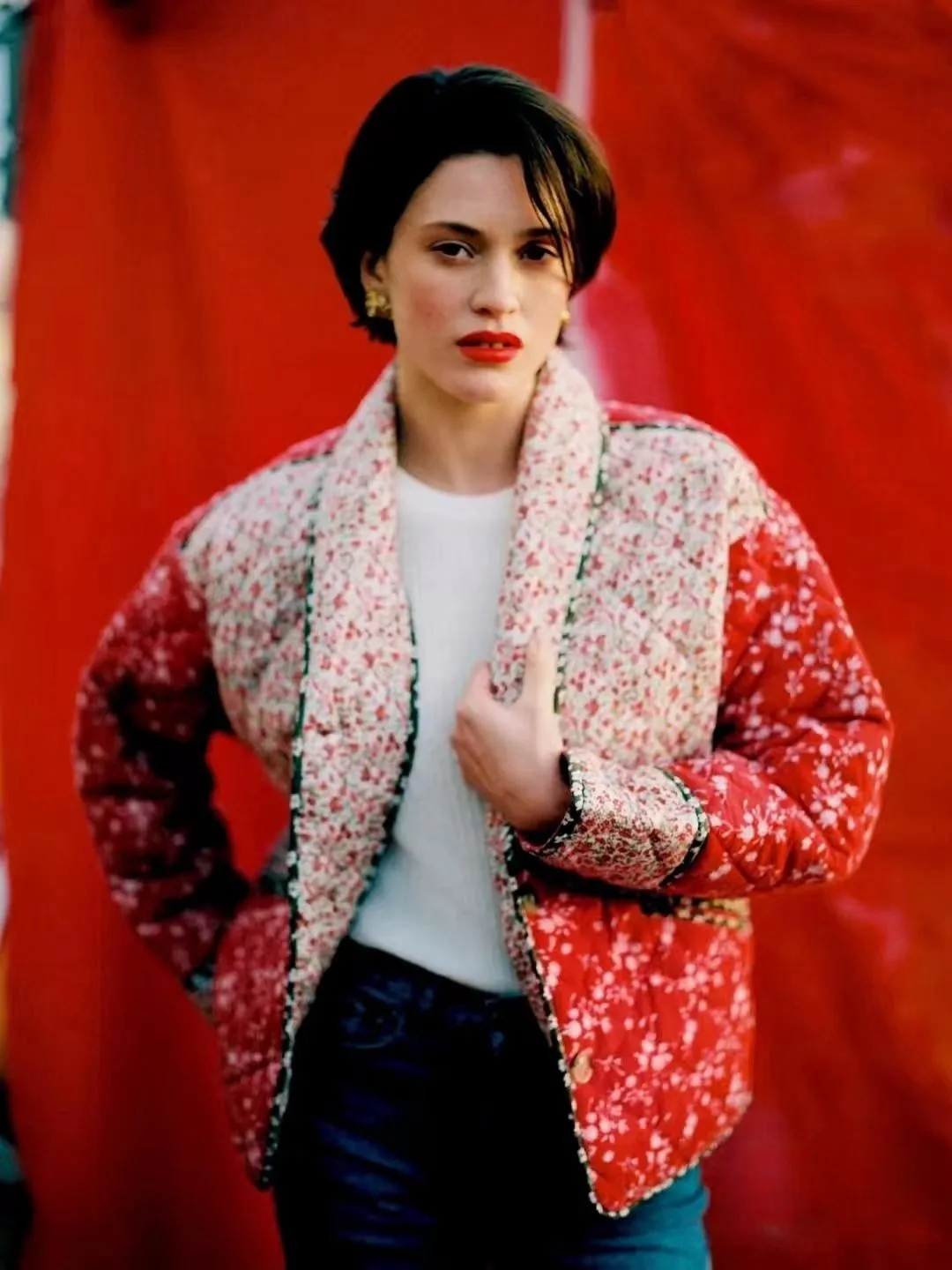 Red Flower Cotton Jacket Loose Floral Print Turn-down Collar Patchwork Design Street Style Long Sleeve Women's Casual Coat