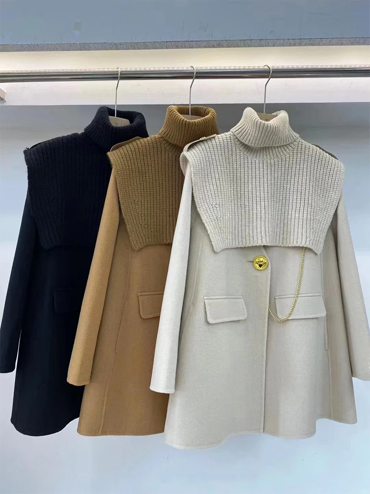 Mantel wol cantik, Turtleneck dapat dilepas dua sisi mantel kasmir gaya Inggris satu kancing A Line jaket musim gugur musim dingin