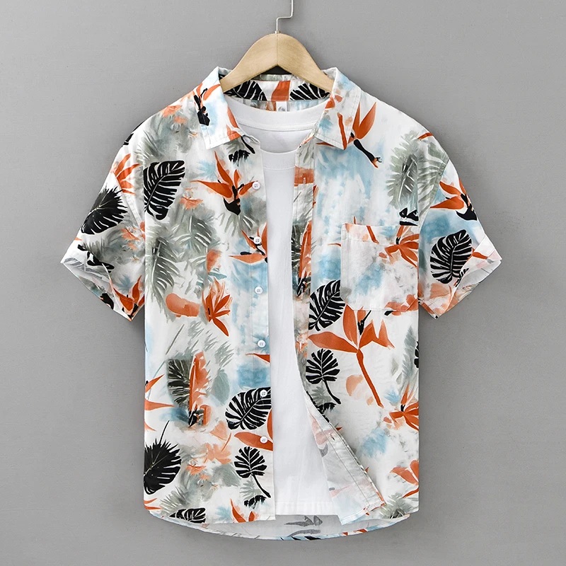 

2026 Summer New 100% Cotton Beach Printed Thin Short Sleeve Shirt for Men Casual Turn-down Collar Shirt
