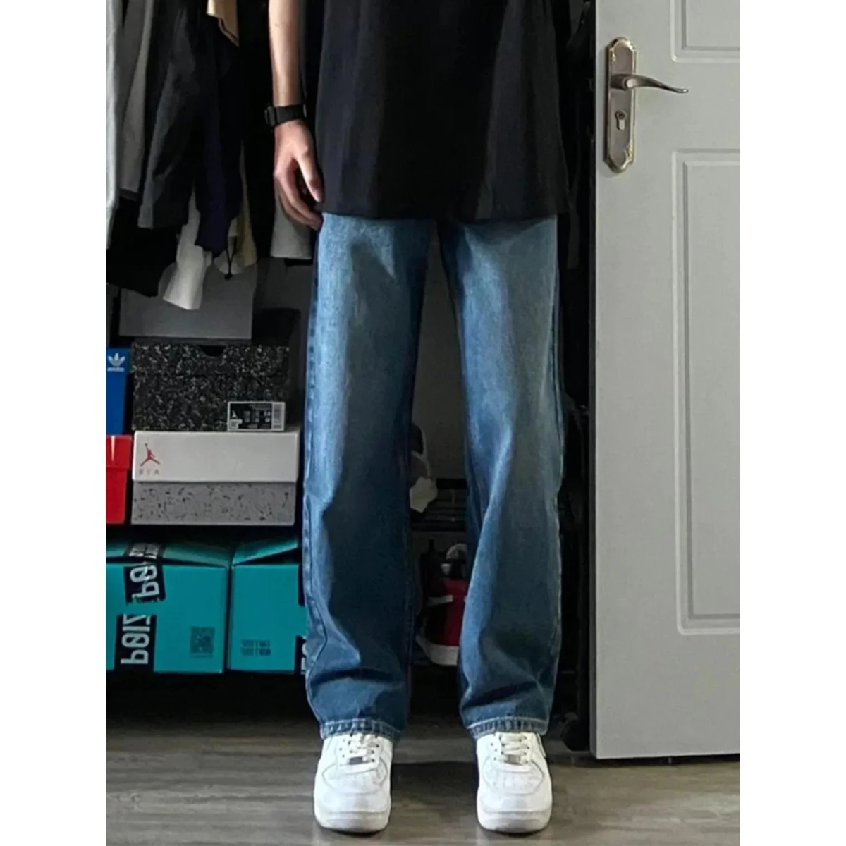 

Синие американские простые мужские джинсы, свободные прямые брюки-трубы, весна-осень, утягивающие брюки, студенческие универсальные модные брюки