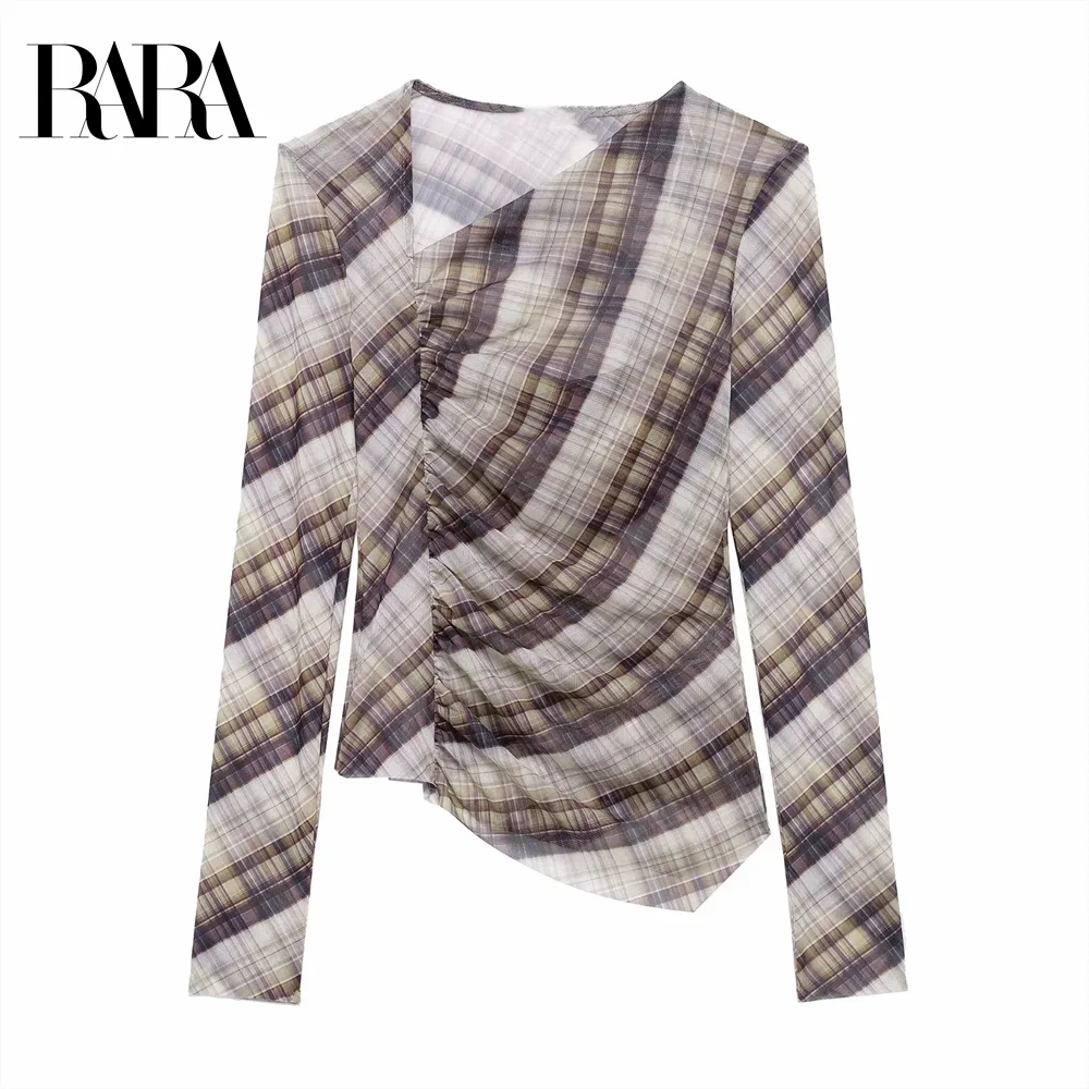 2025 RARA plaid asymmetric design long-sleeved slim fit temperament casual all-match tops T-shirts for women