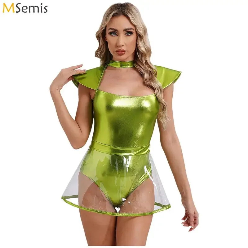 

Women Alien Costume Cadet Astronaut Movie Character Halloween Cosplay Space Outfit Shiny Metallic Bodysuit Jumpsuit PVC Skirt