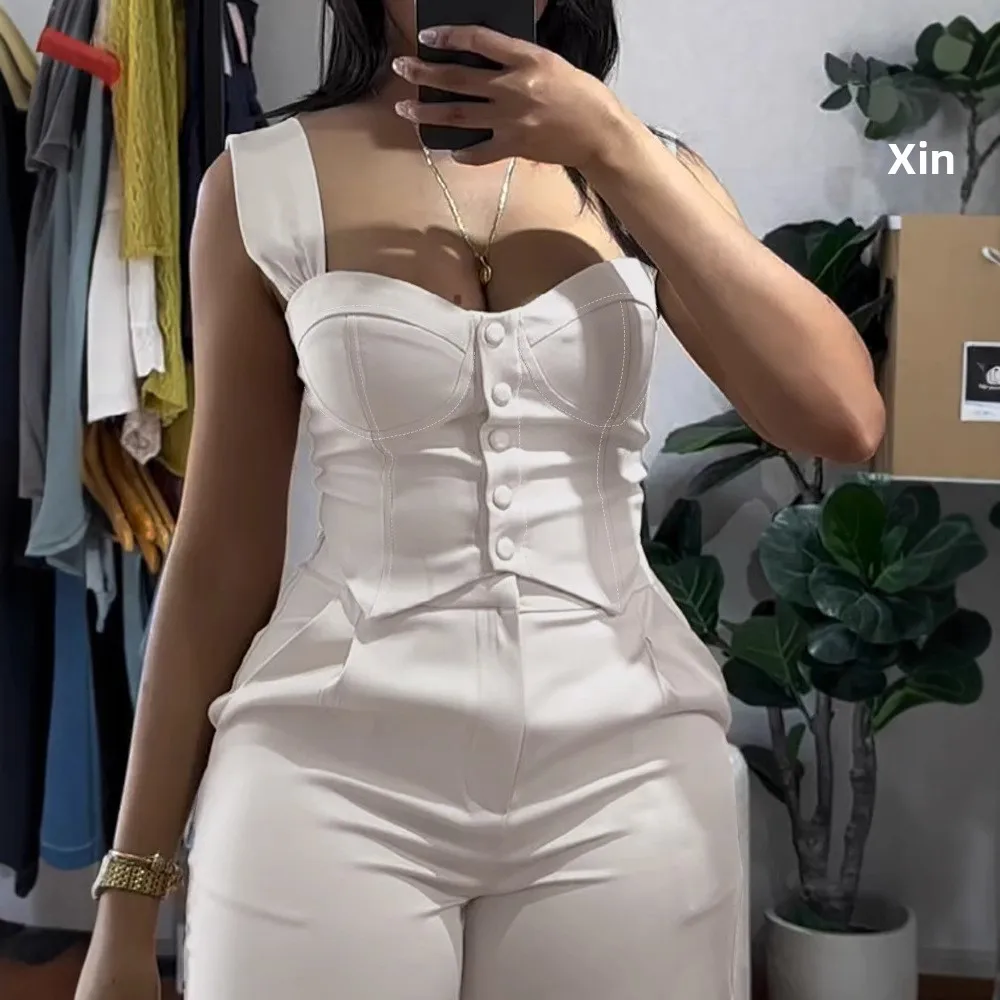 

High Waist Tank Top Wide Leg Pants Set ort Fit Vest Ensemble Faionable Two-Piece Suit for Young Women V-Ne Button-Closure