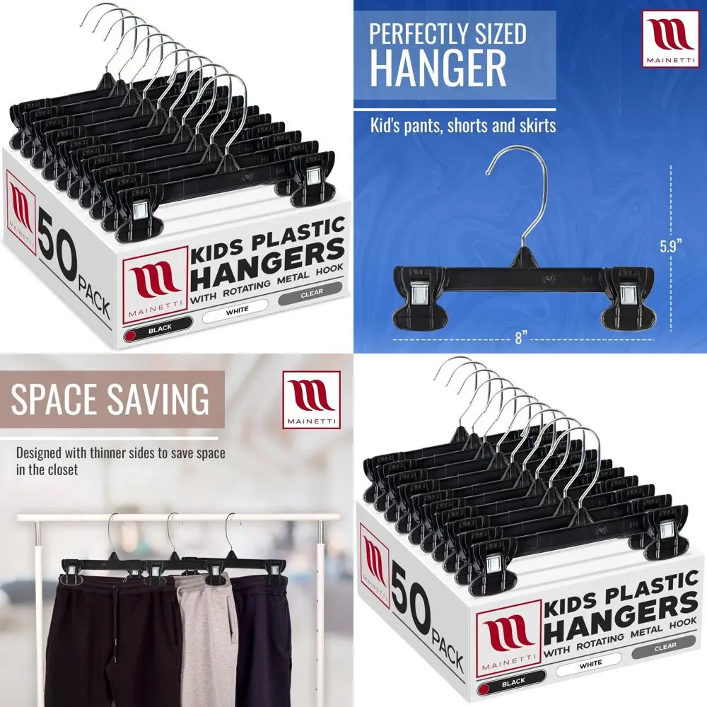 

50-Pack Black 8-Inch Children's Hangers with Rotating Hook and Non-Slip Clips for Bottoms