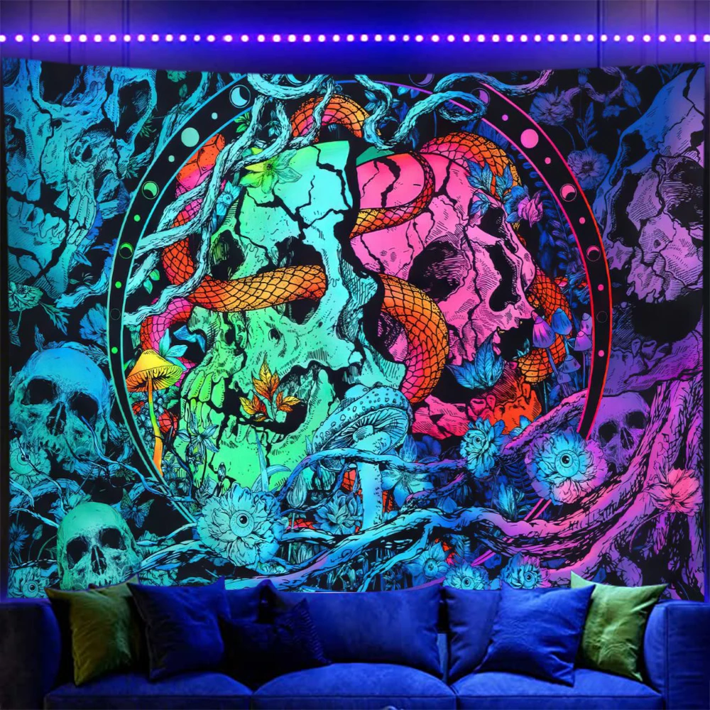 Black Light Skull Starry Sky Mandala Tapestry Wall Hanging UV Reactive Trippy Skeleton Floral Moon Tapestries Home Decor