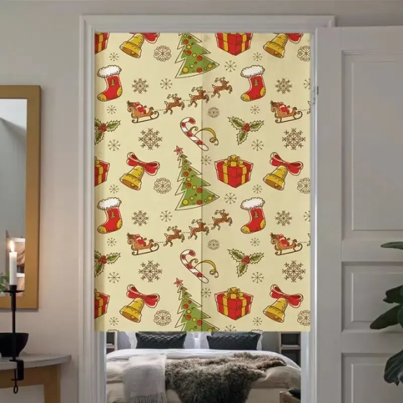 VIKAMA Christmas Vintage Element Pattern Door Curtain Beige Background Xmas Tree Gift Bell Stocking Reindeer Sleigh Candy Cane