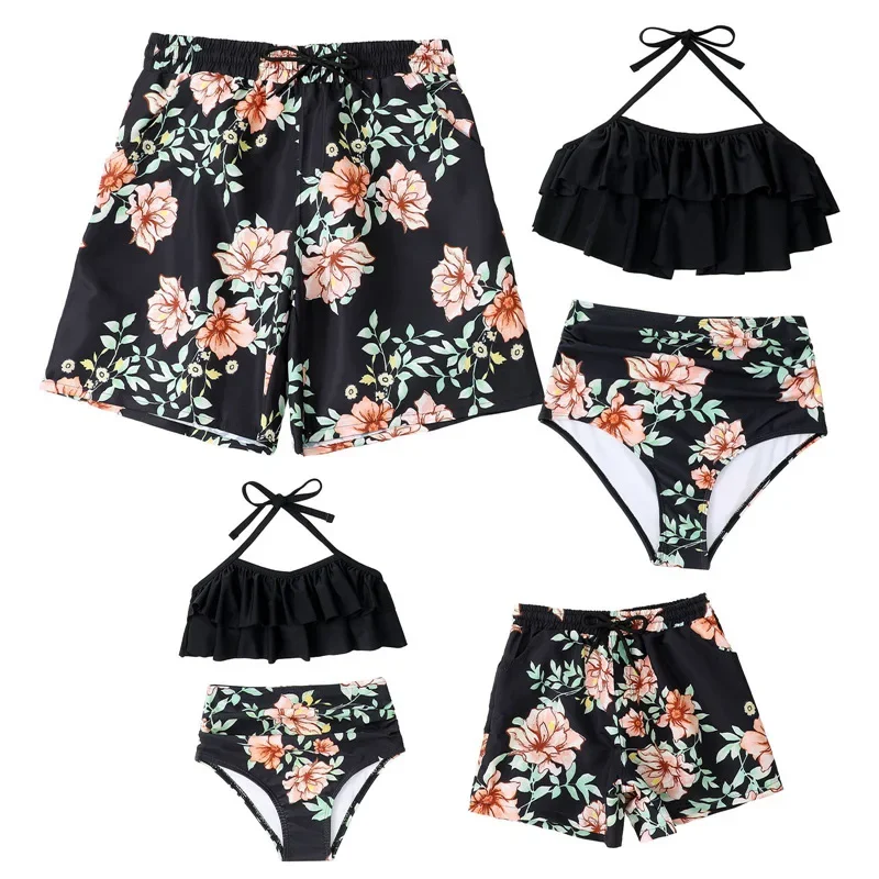 2025 Family Matching Swimsuit Two Piece Bikini Set Father and Son Swim Trunks Shorts Flowers Print Mother and Daughter Swimwear