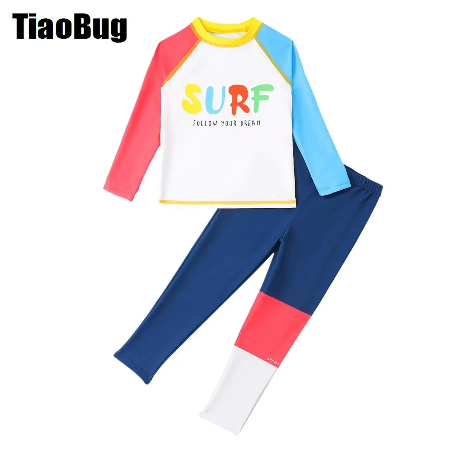 Rash Guard Set for Boy Color Block Swim Set 2 Piece Swimsuit Long Sleeve Swim Top with Swim Pants Set Beach Swimwear UPF 50+