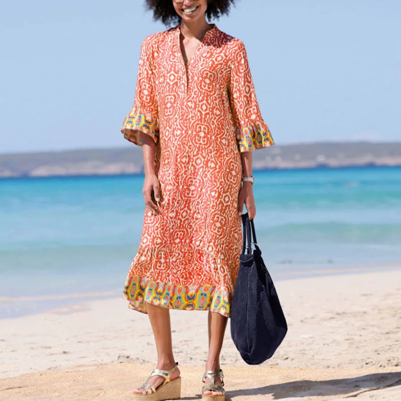 Neue Mode Damen V-Ausschnitt A-Linie Boho Kleider Sommer Vintage Muster Drucken Lose Kleid Casual Halbarm Patchwork Strandkleid