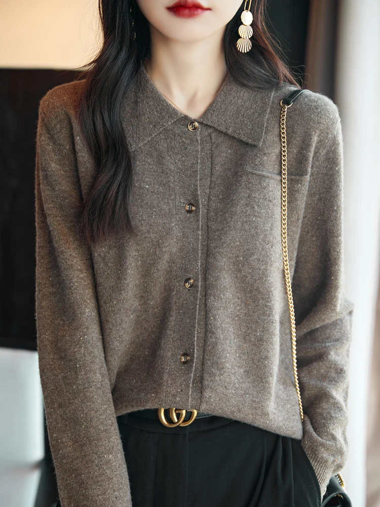 New Chic Women Wool Sweater Turn Down Collar Cardigan Autumn Winter Office Lady Grace Style Clothing 100% Merino Wool Knitwear