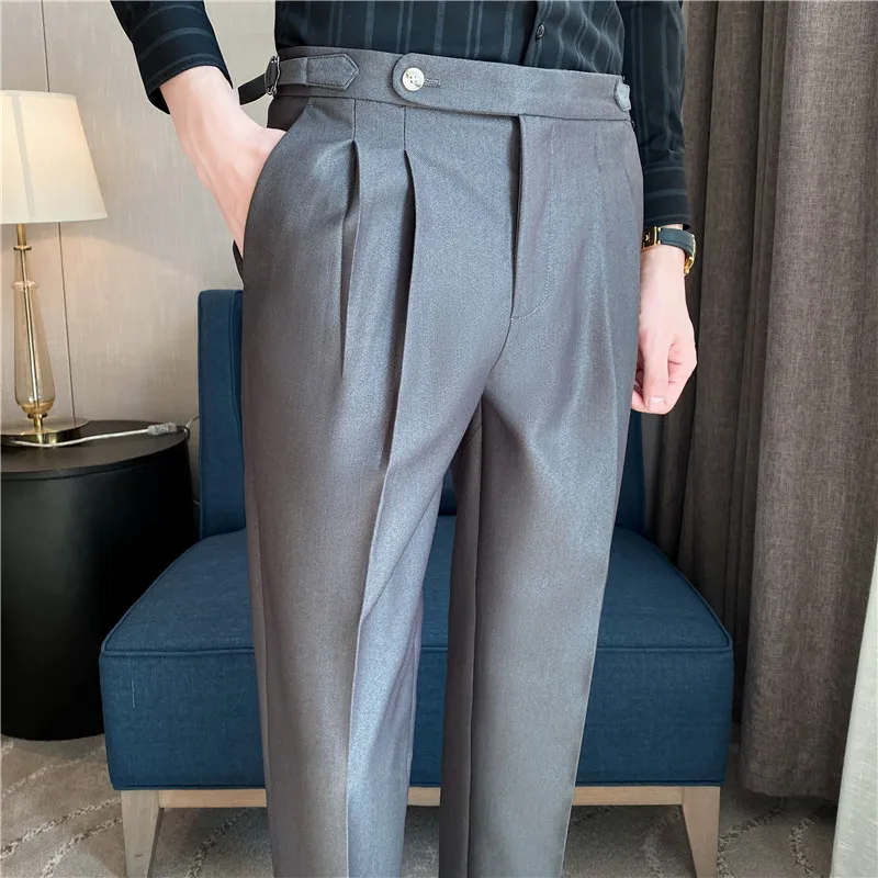 British Style Men High Waist Casual Business Dress Pants Streetwear 2024 New Fashion Social Belt Decoration Slim Fit Suit Pants