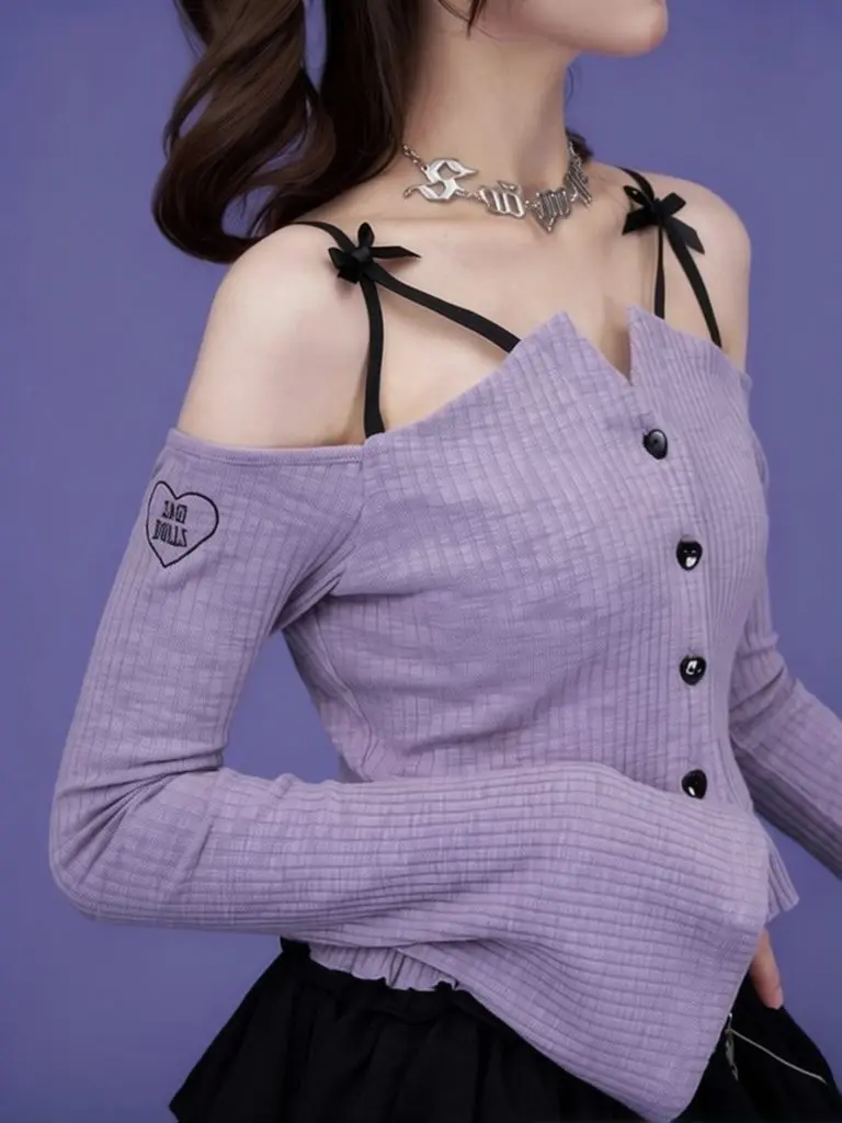 

Knit Purple Off Shoulder Cropped Knitwear Women Flared Long Sleeve Sweater Outerwear Sexy Button Up Cardigan Sweet Ruffled